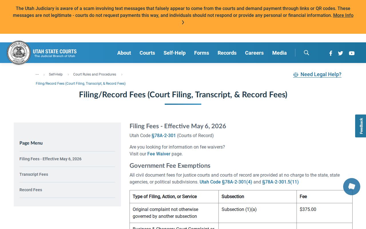 Utah certified and exemplified court copy fees for Box Elder County requests