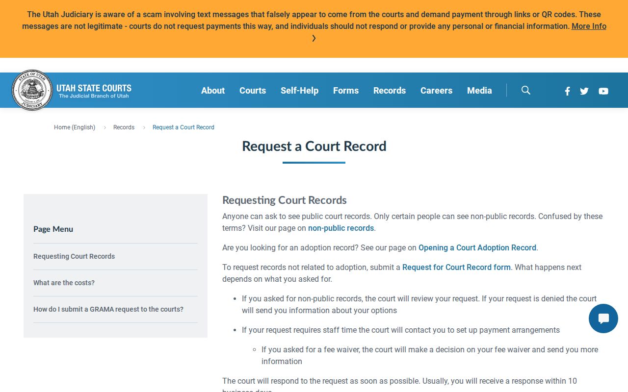 Utah court record request process for Box Elder County files