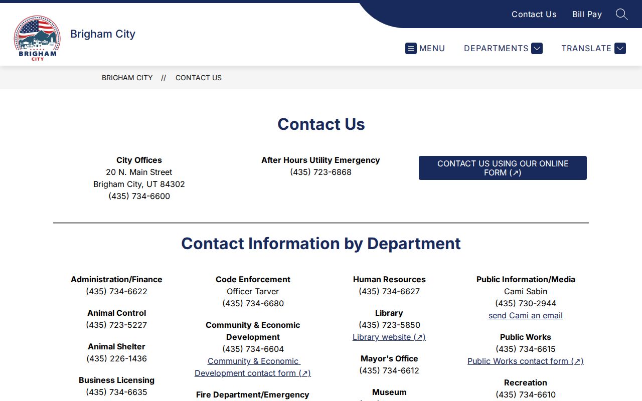Brigham City official department and contact directory