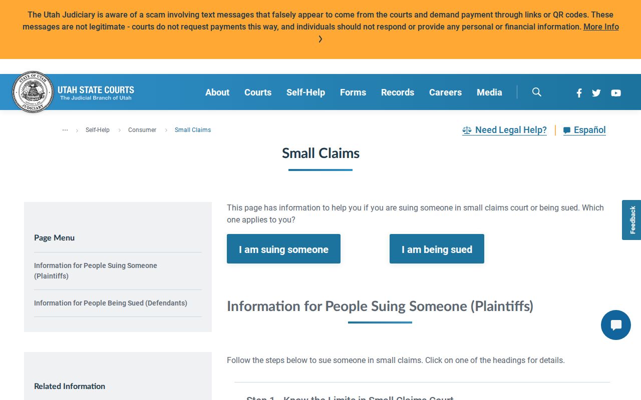Utah Courts small claims instructions routing Perry to Box Elder County Justice Court