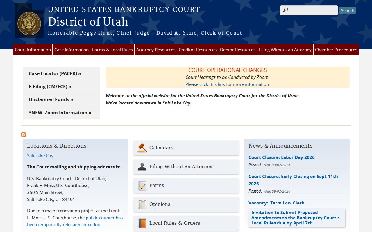 Utah Bankruptcy Court access information for a federal Box Elder County filing