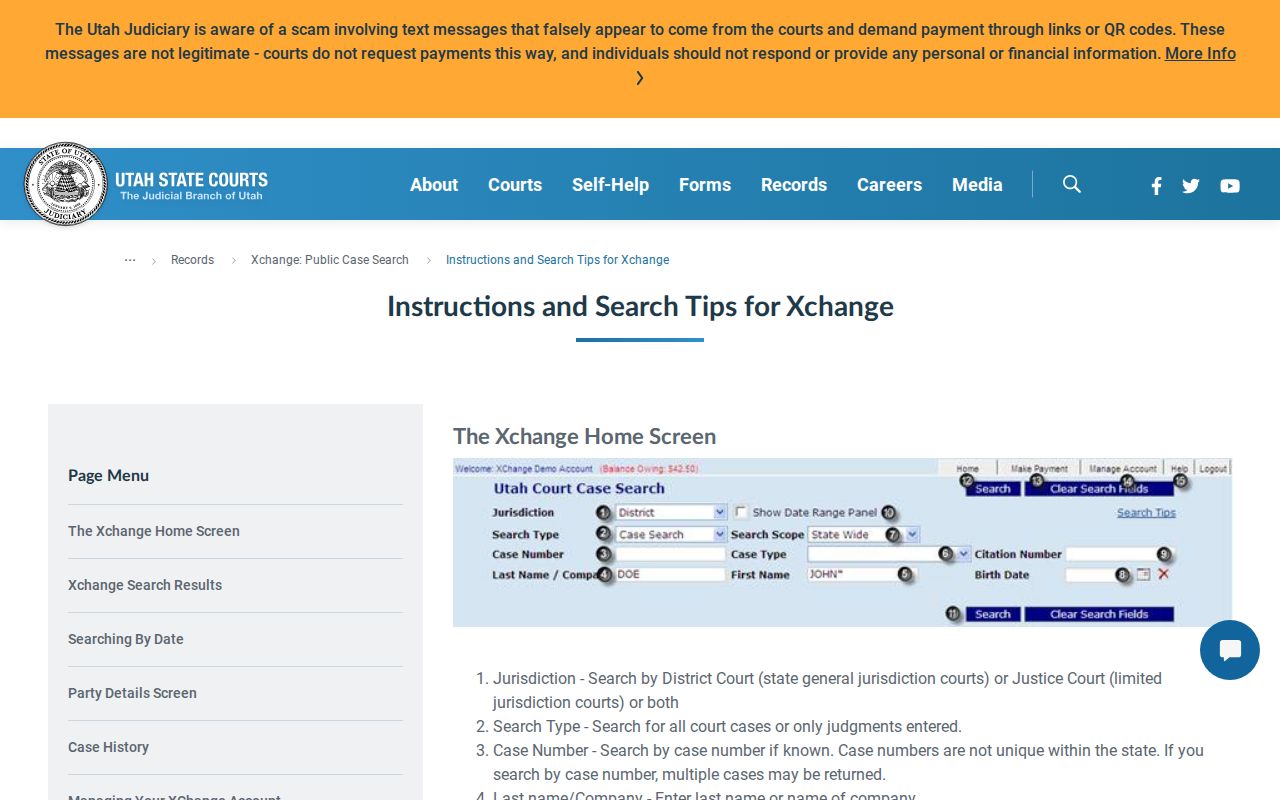 Official Xchange search controls used for a Box Elder County docket search
